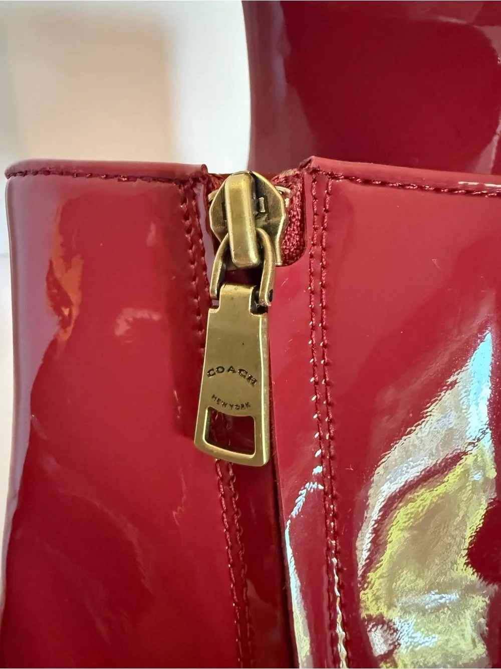 Coach Red Patent Leather Block Heel Boots